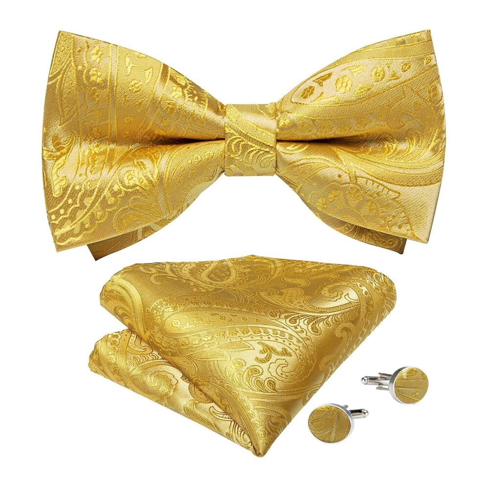 4458 Fashion Gold Paisley Bowties 's Pre-Tied Bow tie and Handkerchief